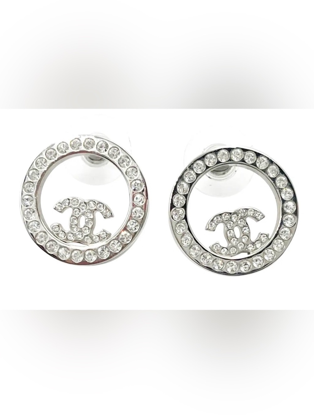 Chanel Silver CC Crystal Round Stud Piercing Earrings